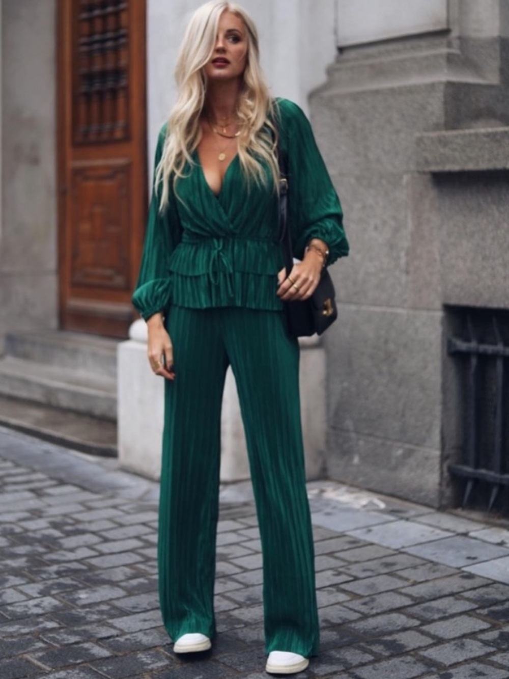 Zara Bloggers Favorite Pleated Blouse and Wide Leg Pant Set Emerald Green M NWT